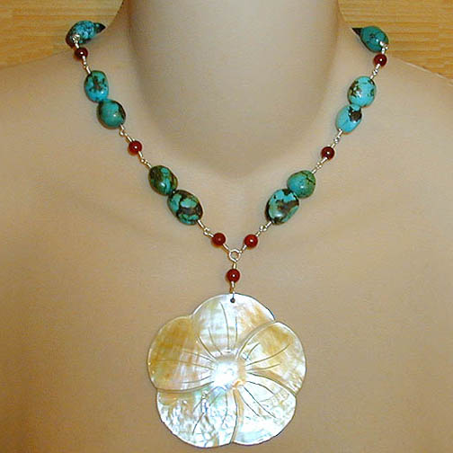 Cream Mother of Pearl Flower Necklace w/ Turquoise & Carnelian